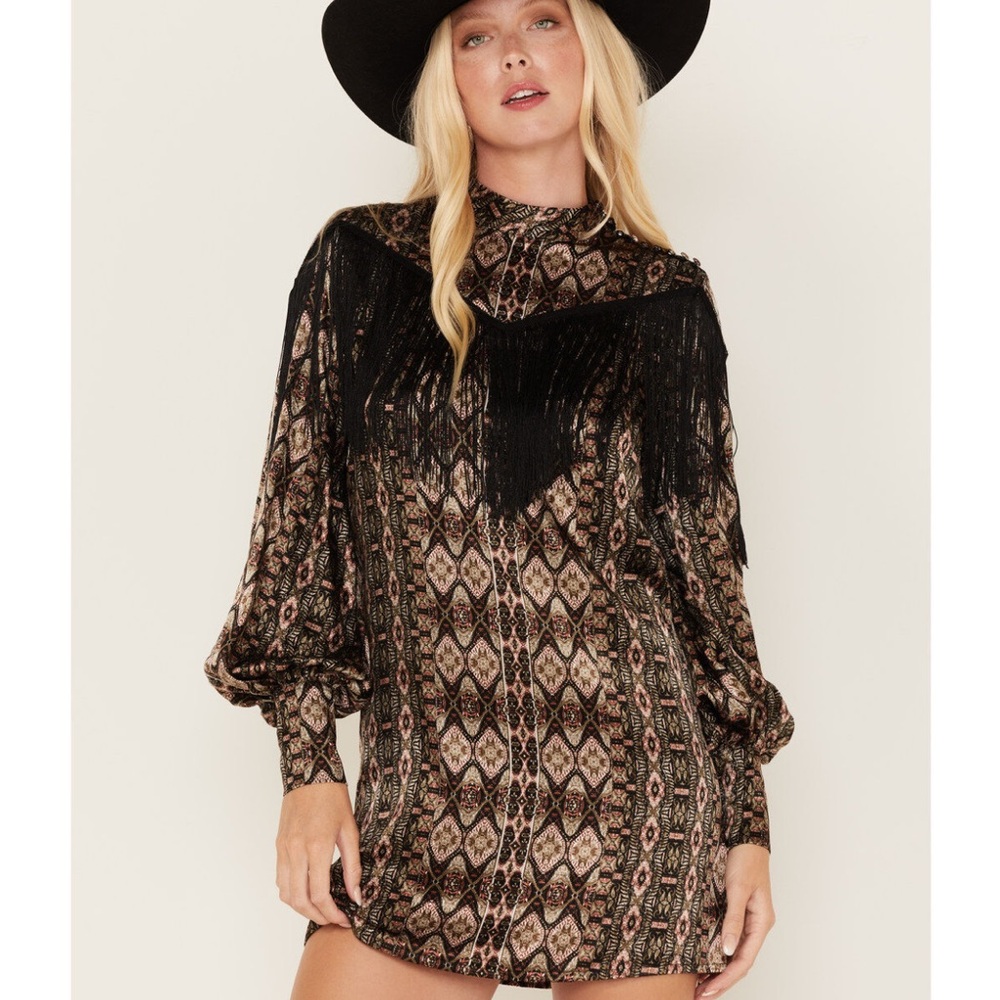 Shyanne Women's Long Sleeve Satin Fringe mini dress